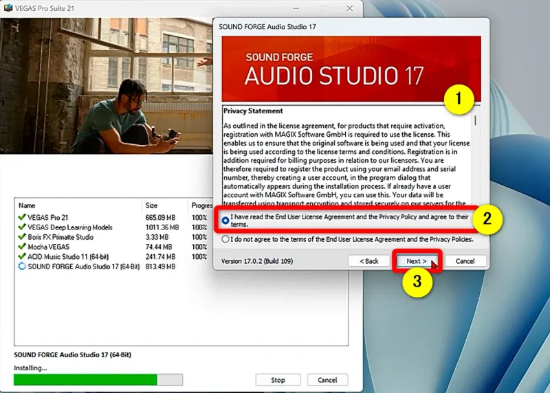 「SOUND FORGE Audio Studio」のライセンスに同意する画面
