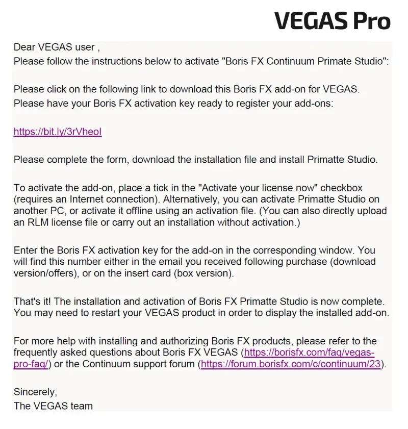 Vegas Proのオプション「Boris FX Primatte Studio 」のインストール方法画面