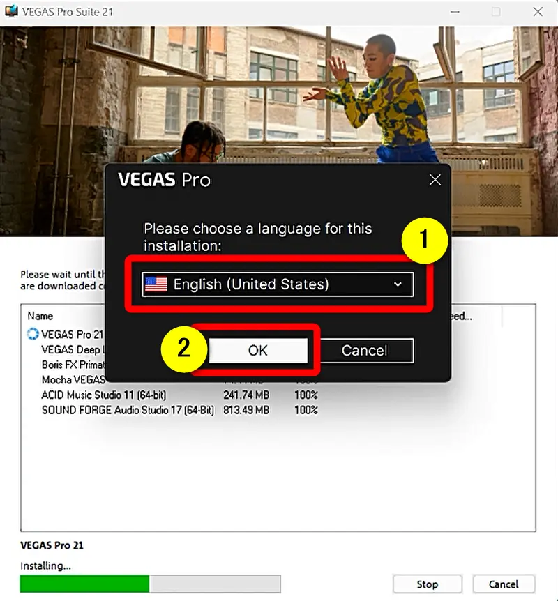 Vegas Proの言語を選択する画面