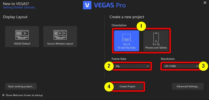 Vegas Proでプロジェクトファイルを作成する画面