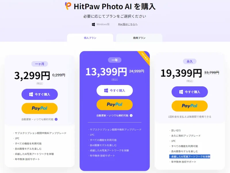 HitPaw Photo AIの価格表