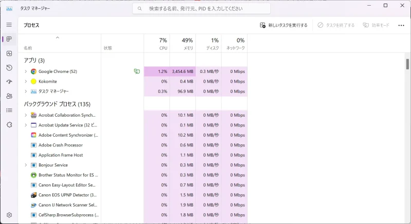 タスクマネージャーの画面